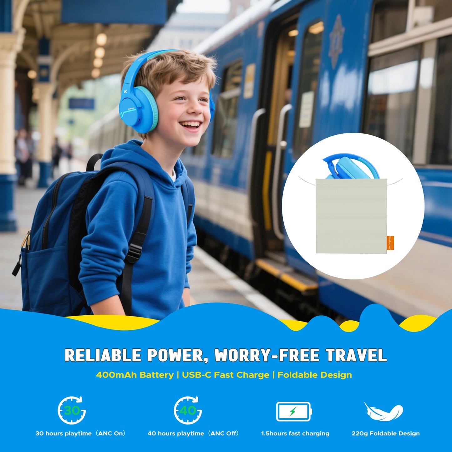 Wireless Bluetooth Over-Ear Headphones for Kids with Noise Cancellation