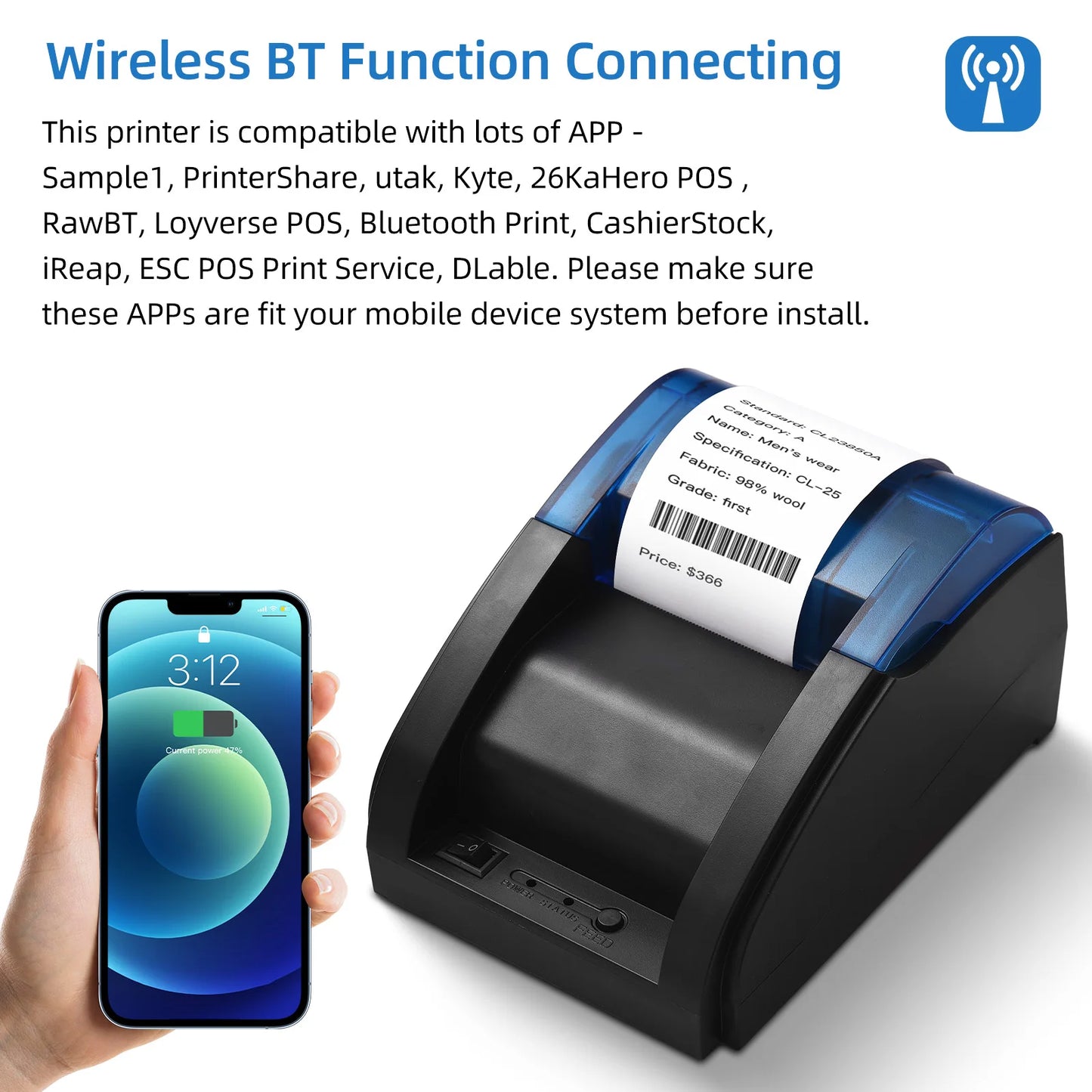 Desktop 58 MM Bluetooth / USB Thermal Label Printer for Android/iOS/Windows