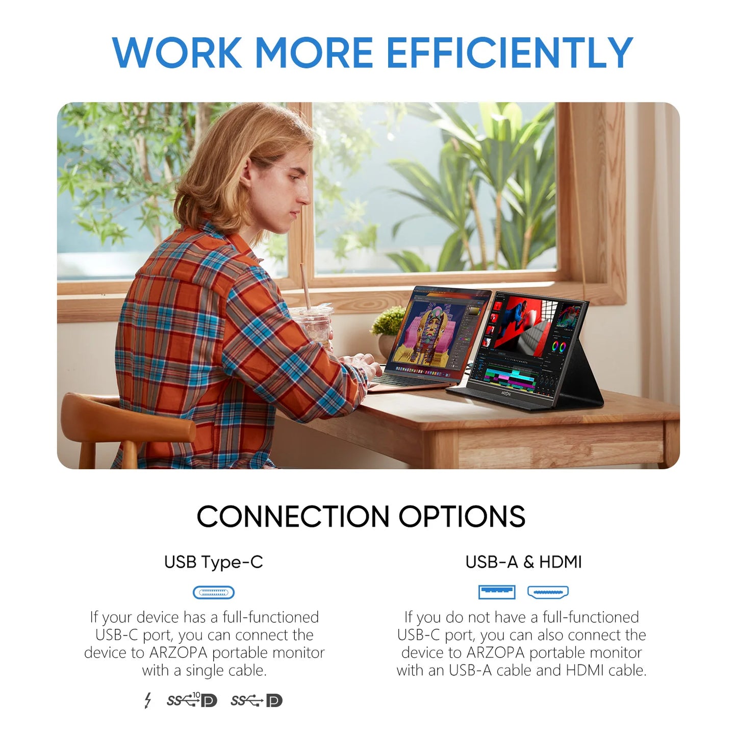 Arzopa 15.6'' 1080P Portable Second Monitor | Mini HDMI & USB-A/C
