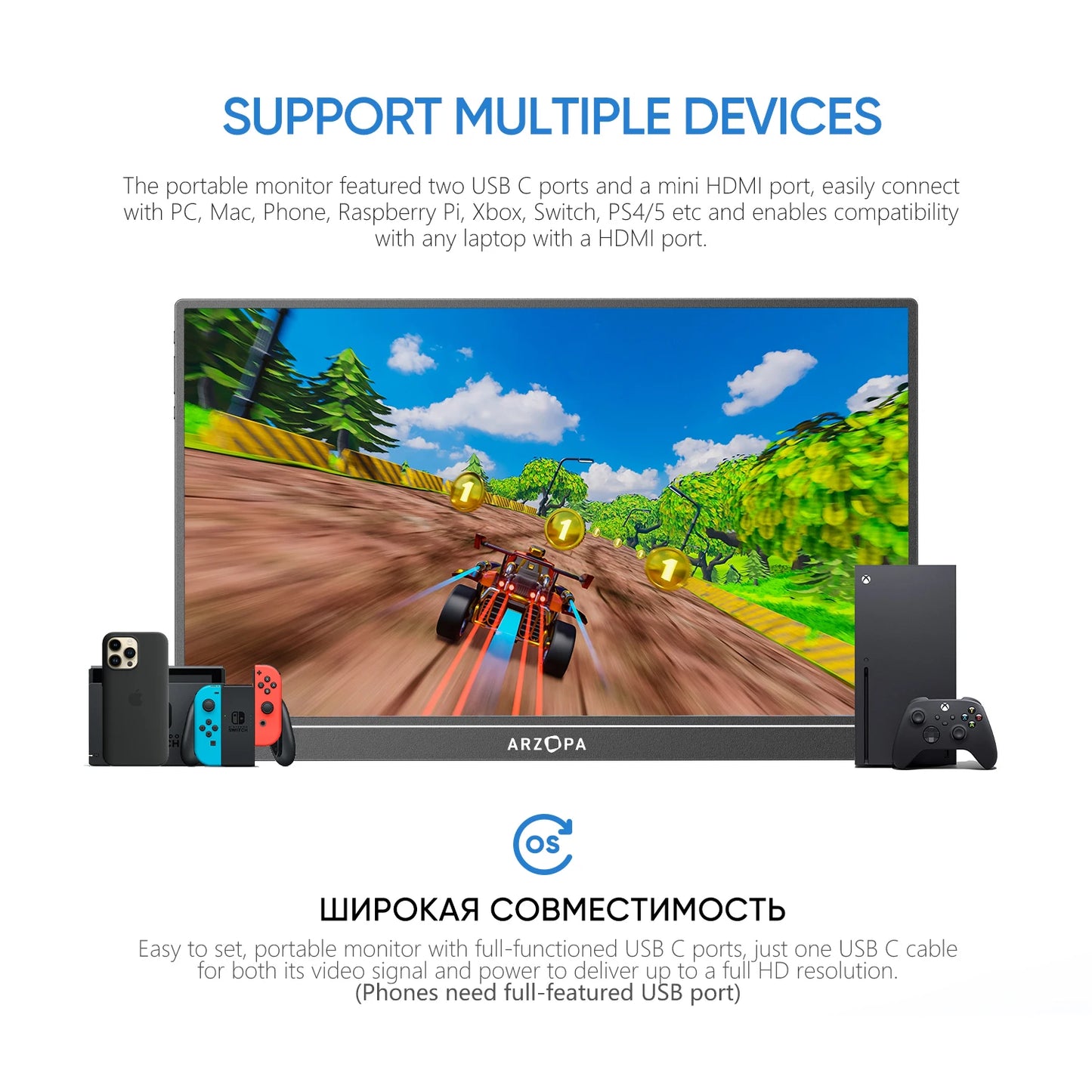 Arzopa 15.6'' 1080P Portable Second Monitor | Mini HDMI & USB-A/C