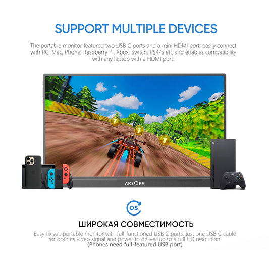 Arzopa 15.6'' 1080P Portable Second Monitor | Mini HDMI & USB-A/C