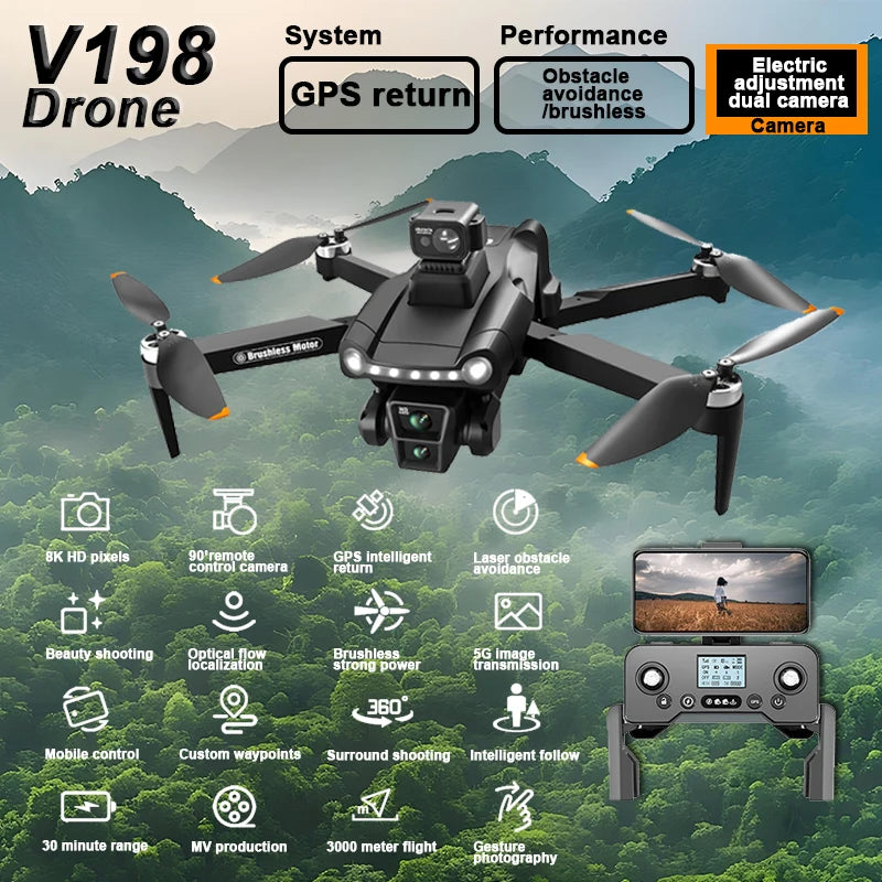 V198GPS Mini Quadcopter Drone Profesional 8K HD Camera