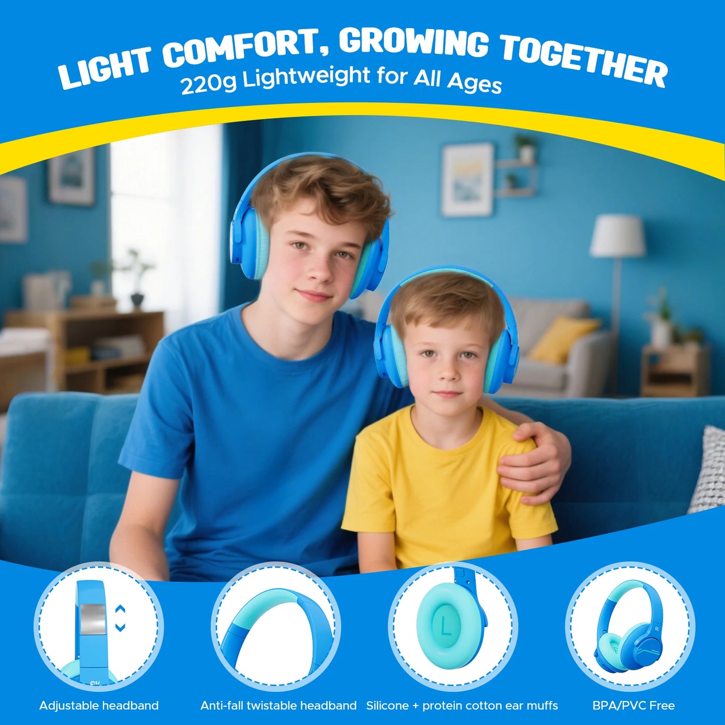 Wireless Bluetooth Over-Ear Headphones for Kids with Noise Cancellation