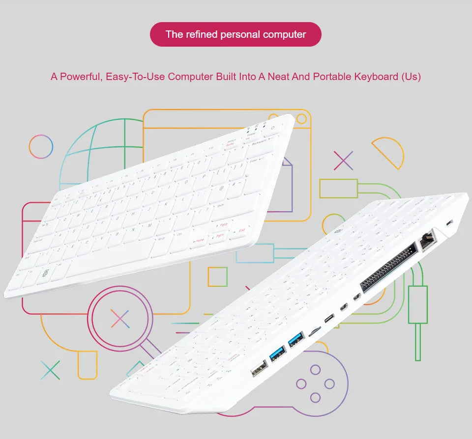White keyboard with ports on a gray background with colorful geometric shapes