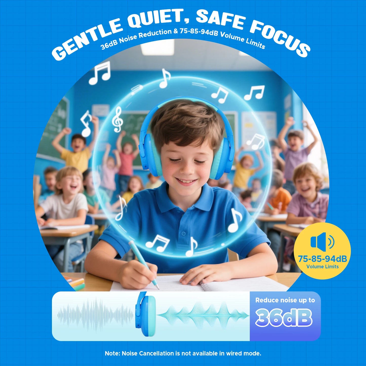 Wireless Bluetooth Over-Ear Headphones for Kids with Noise Cancellation